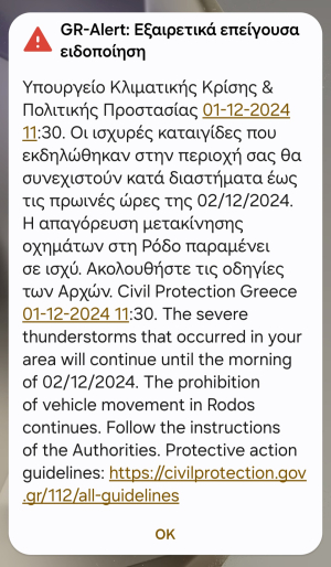 Έκτακτη Ειδοποίηση Πολιτικής Προστασίας για Ρόδο: Σε ισχύ απαγόρευση κυκλοφορίας λόγω κακοκαιρίας