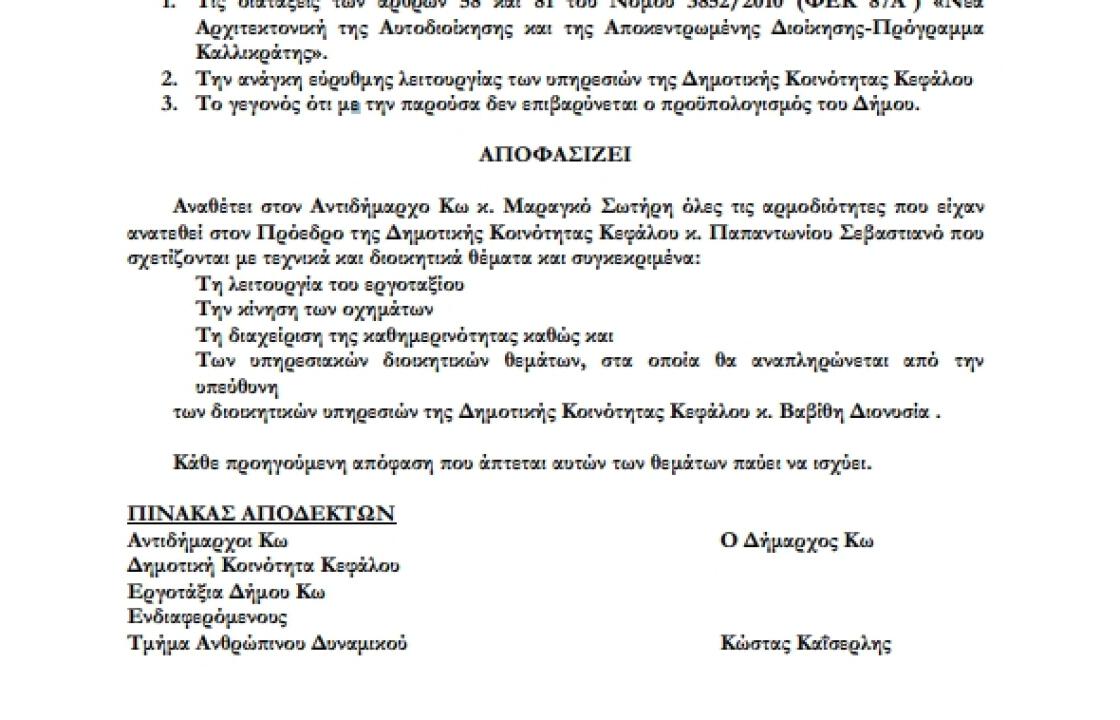 Ξεκίνησαν τα αντίποινα!Ο Δήμαρχος έδωσε τις αρμοδιότητες του προέδρου της Κεφάλου στον Μαραγκό.