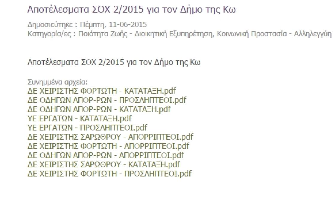 Ανακοινώθηκαν από το Δήμο Κω οι πίνακες κατάταξης προσληπτέων &amp; απορριπτέων της ΣΟΧ 2/2015