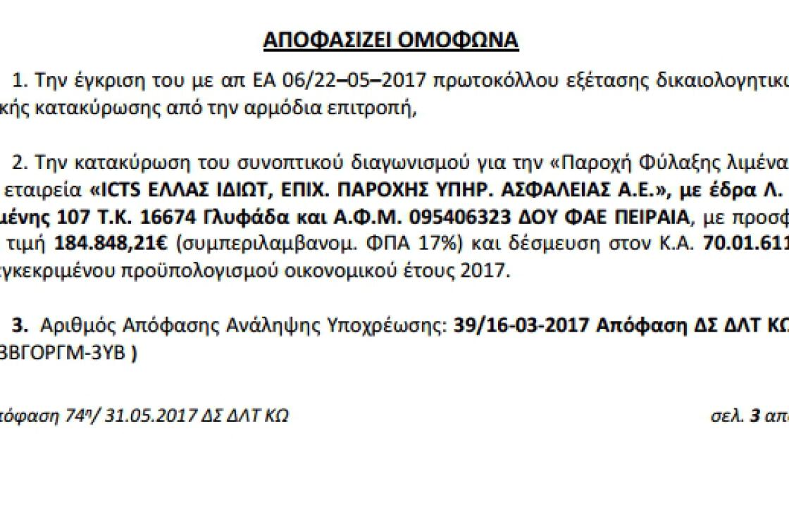 Κατακυρώθηκε ο διαγωνισμός για την φύλαξη του λιμένα Κω.Ποια είναι η εταιρεία και με τι κόστος