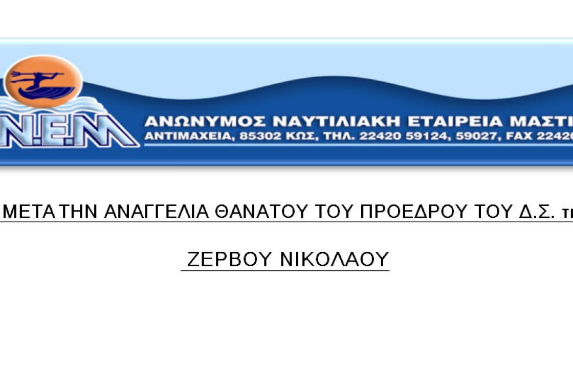 Ψήφισμα μετά την αναγγελία θανάτου του Προέδρου του Διοικητικού Συμβουλίου της «Α.Ν.Ε.Μ.» Νικολάου Ζερβού