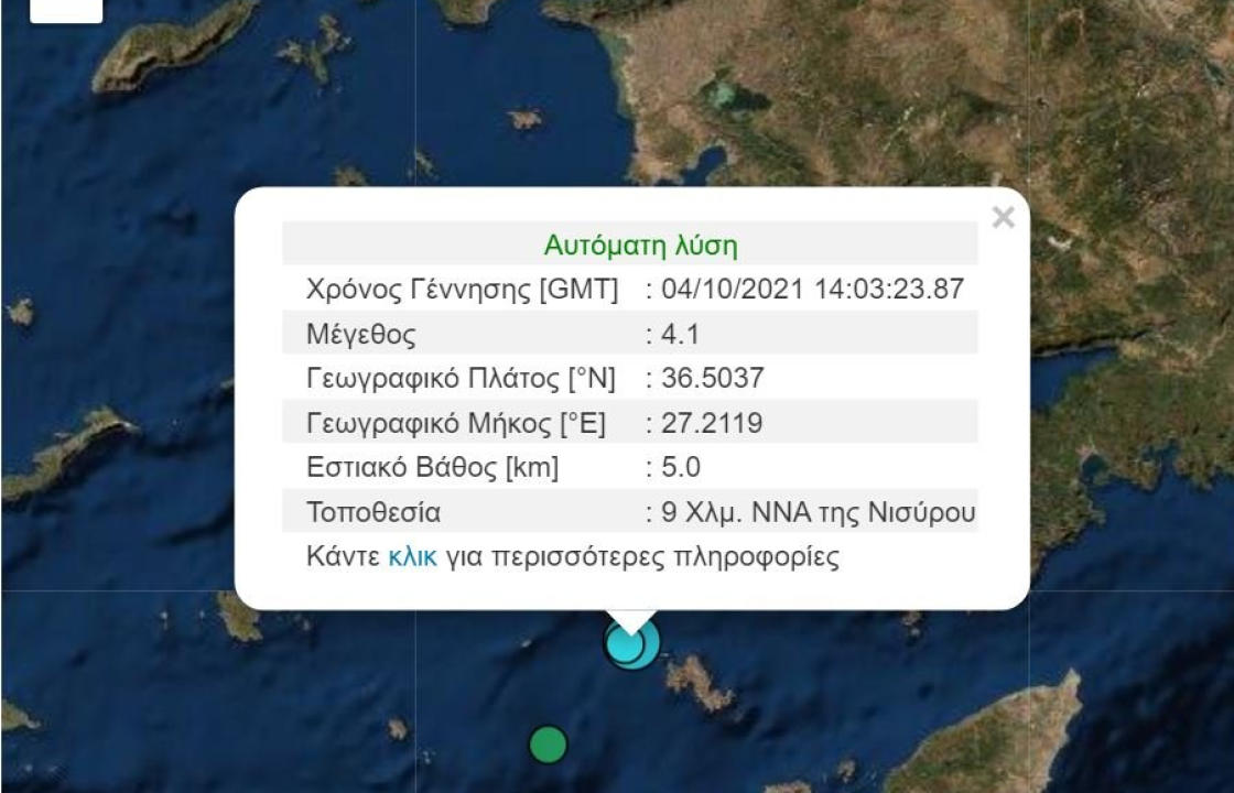 Σεισμός 4, 1 Ρίχτερ κοντά στη Νίσυρο, το απόγευμα της Δευτέρας