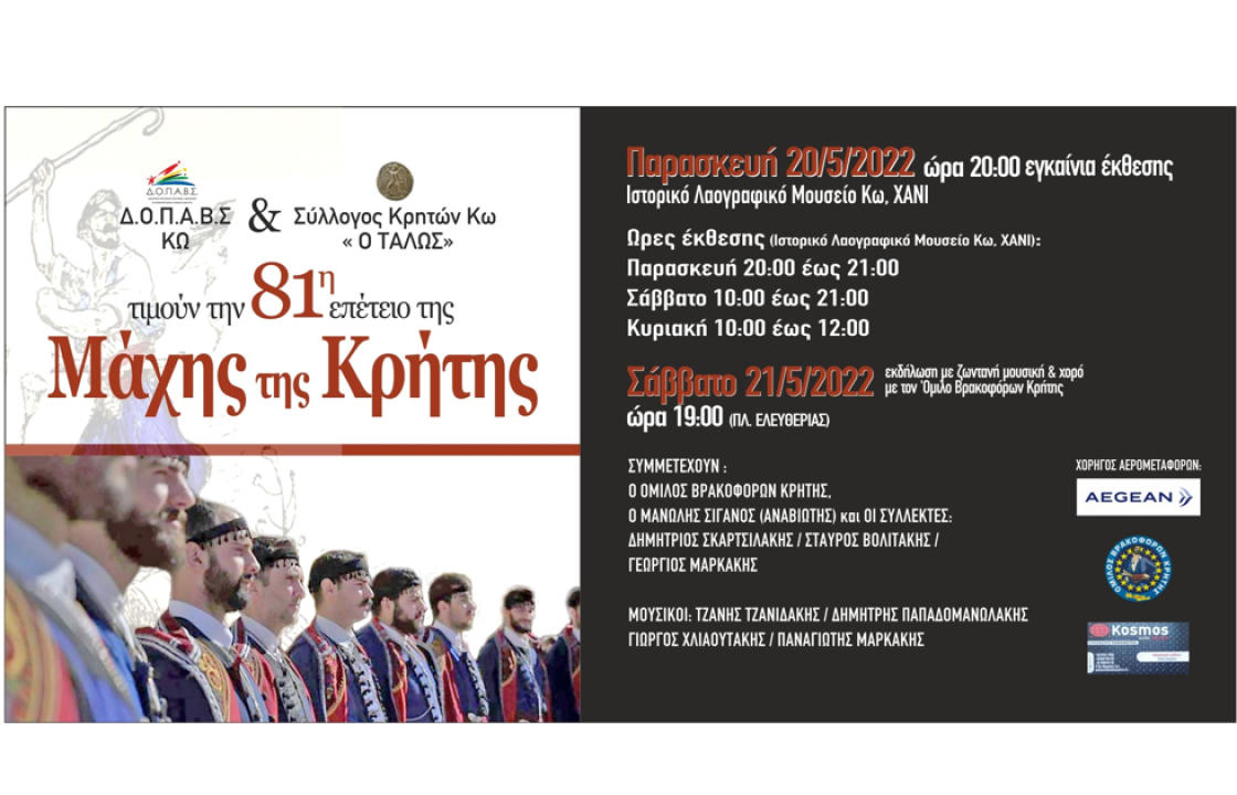 Διήμερο τιμητικών εκδηλώσεων για την 81η επέτειο της Μάχης της Κρήτης, διοργανώνουν ο ΔΟΠΑΒΣ Κω και ο Σύλλογος Κρητών «Ο Τάλως»