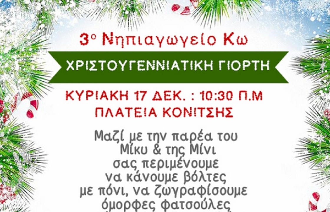 Χριστουγεννιάτικη γιορτή από τον Σύλλογο Γονέων και Κηδεμόνων του 3ου Νηπιαγωγείου Κω στην Πλατεία Κονίτσης, την Κυριακή 17 Δεκεμβρίου